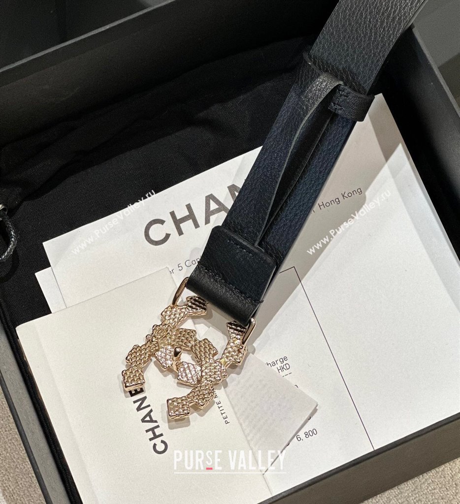 Chanel Calfskin Leather Belt 3cm with Strass CC Buckle Black 2025 CH010905 (99-250109095)