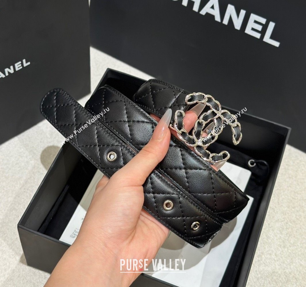 Chanel Quilted Calfskin Belt 3cm with Chain CC Buckle Black/Silver 2025 CH010906 (99-250109097)