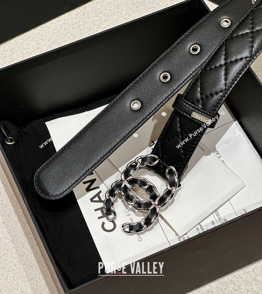 Chanel Quilted Calfskin Belt 3cm with Chain CC Buckle Black/Silver 2025 CH010906 (99-250109097)