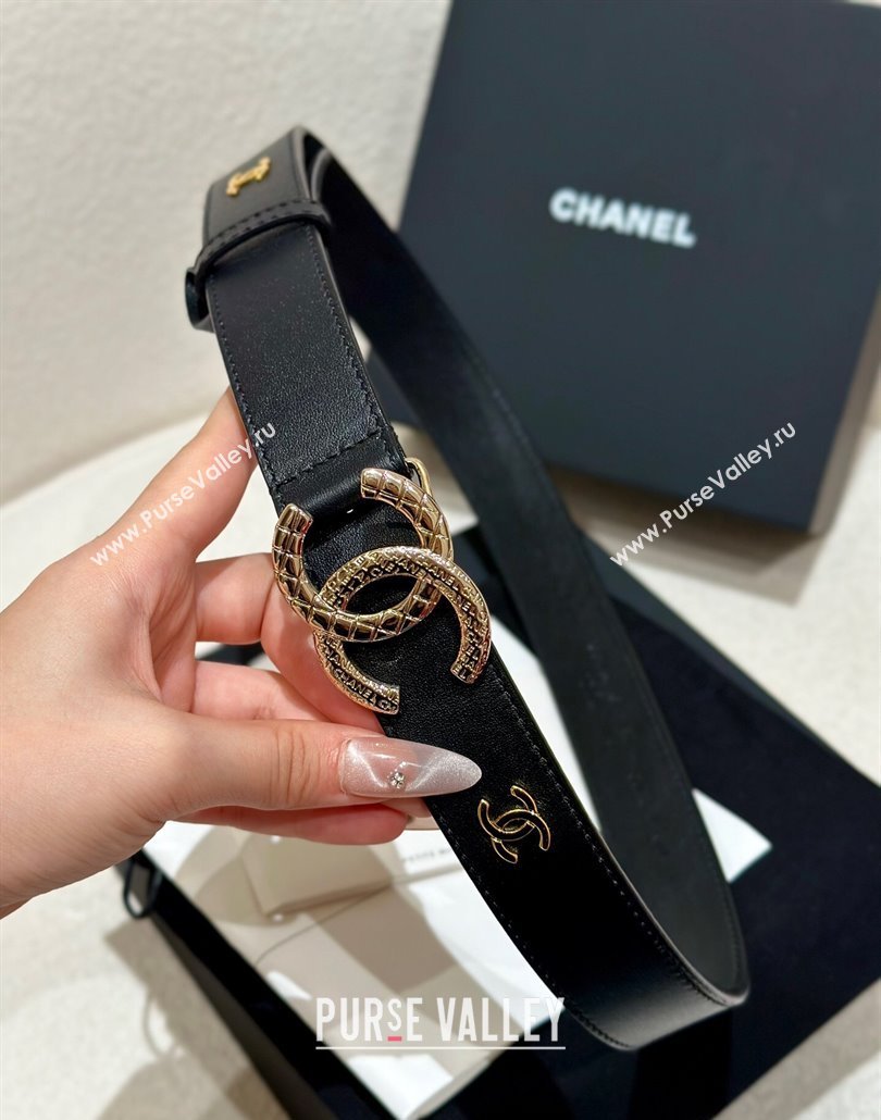 Chanel Calfskin Leather Belt 3cm with Engraved CC Buckle and CC Black 2025 CH010907 (99-250109100)