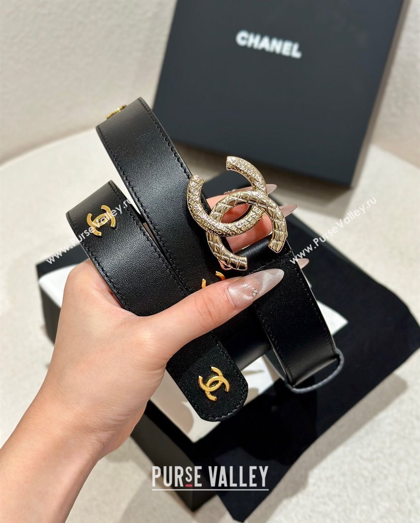 Chanel Calfskin Leather Belt 3cm with Engraved CC Buckle and CC Black 2025 CH010907 (99-250109100)