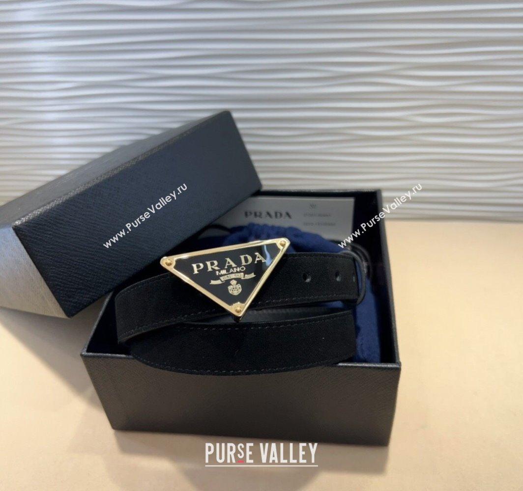 Prada Suede Belt 2cm with Triangle Logo Buckle Black/Gold 2025 PR011001 (99-250110073)