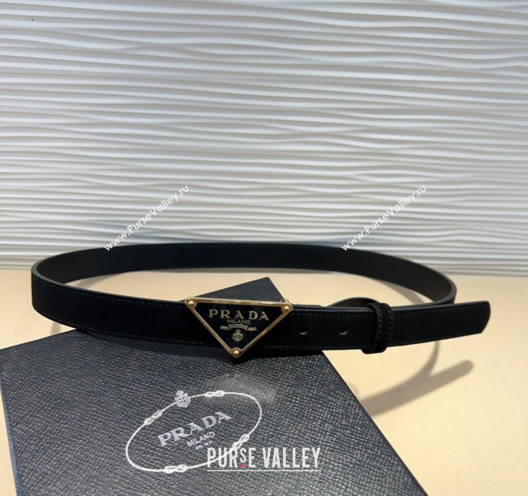 Prada Suede Belt 2cm with Triangle Logo Buckle Black/Gold 2025 PR011001 (99-250110073)