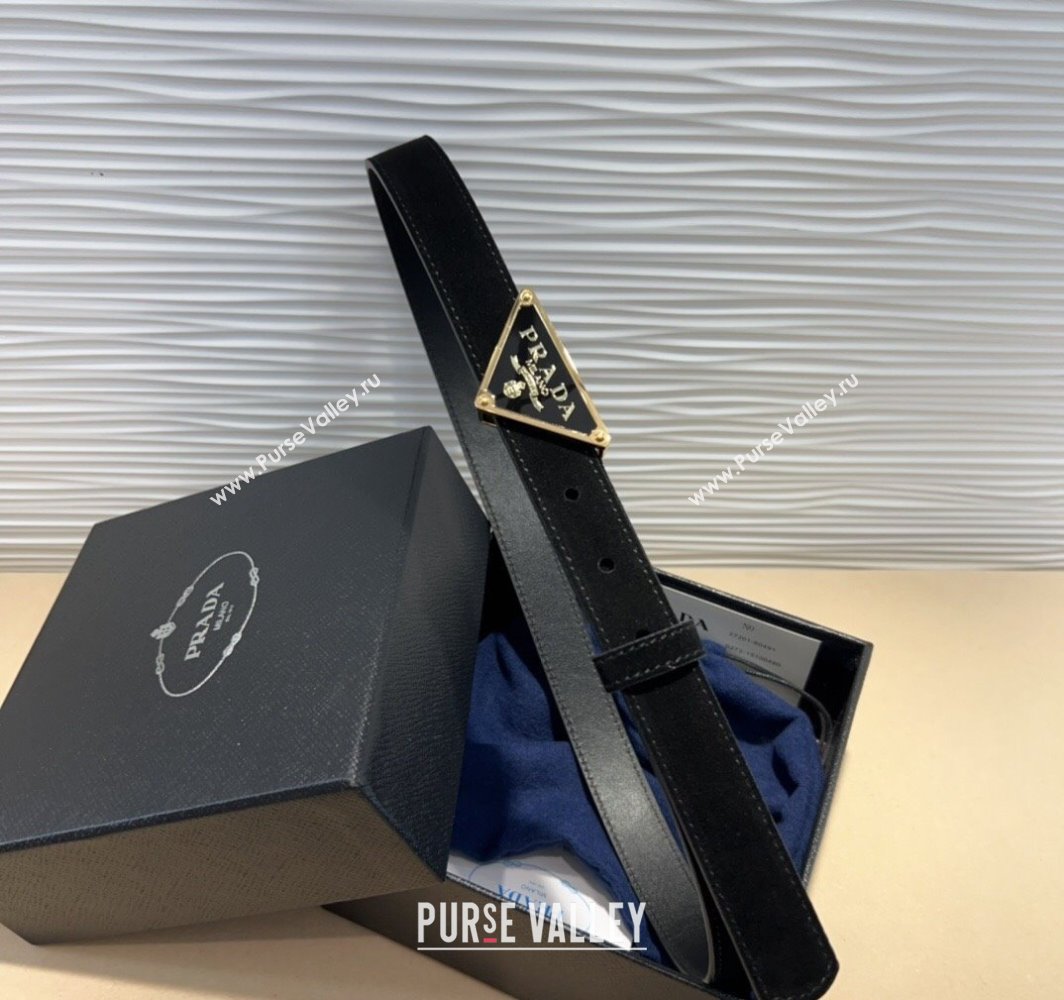 Prada Suede Belt 2cm with Triangle Logo Buckle Black/Gold 2025 PR011001 (99-250110073)