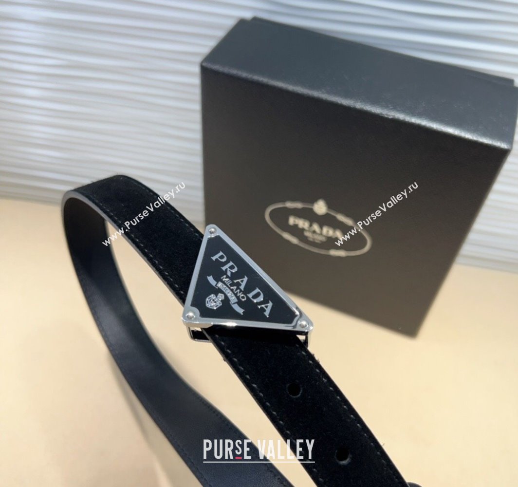 Prada Suede Belt 2cm with Triangle Logo Buckle Black/Silver 2025 PR011001 (99-250110074)