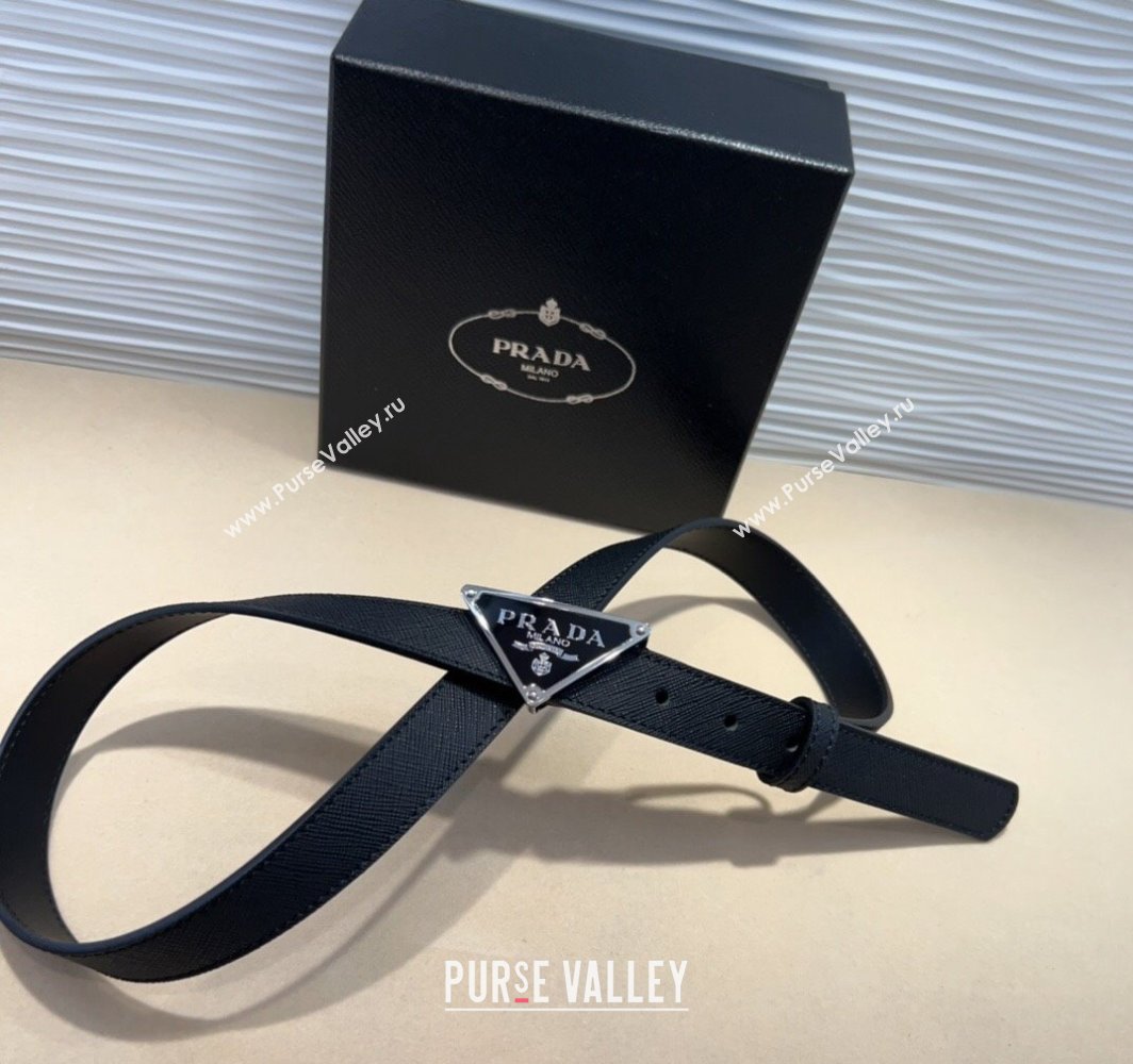 Prada Saffiano Leather Belt 2cm with Triangle Logo Buckle Black/Silver 2025 PR011001 (99-250110076)