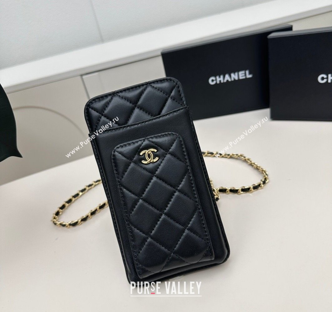 Chanel Lambskin Phone Holder with Chain Black/Gold 2025 AP0990 50079 (99-250109118)