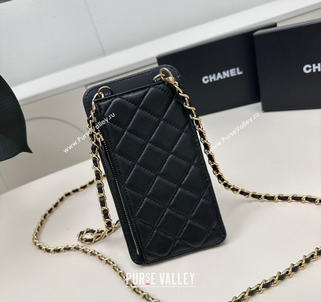 Chanel Lambskin Phone Holder with Chain Black/Gold 2025 AP0990 50079 (99-250109118)