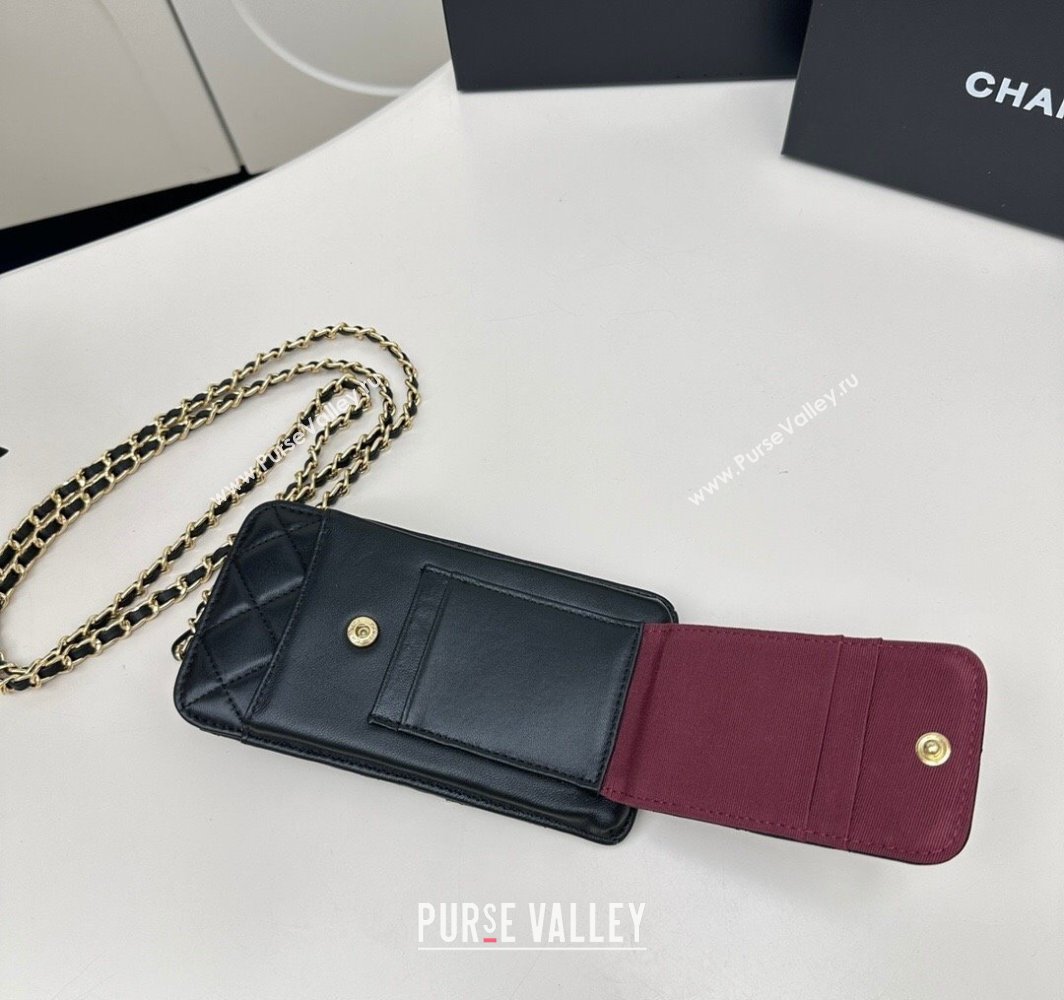 Chanel Lambskin Phone Holder with Chain Black/Gold 2025 AP0990 50079 (99-250109118)