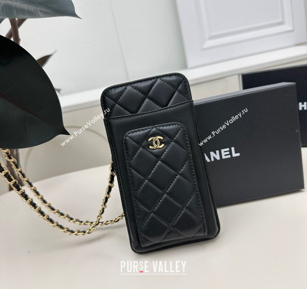 Chanel Grained Calfskin Phone Holder with Chain Black/Gold 2025 AP0990 50079 (99-250109120)