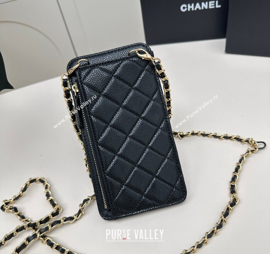 Chanel Grained Calfskin Phone Holder with Chain Black/Gold 2025 AP0990 50079 (99-250109120)