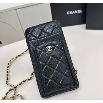 Chanel Grained Calfskin Phone Holder with Chain Black/Gold 2025 AP0990 50079 (99-250109120)