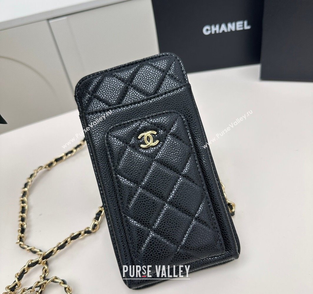 Chanel Grained Calfskin Phone Holder with Chain Black/Gold 2025 AP0990 50079 (99-250109120)