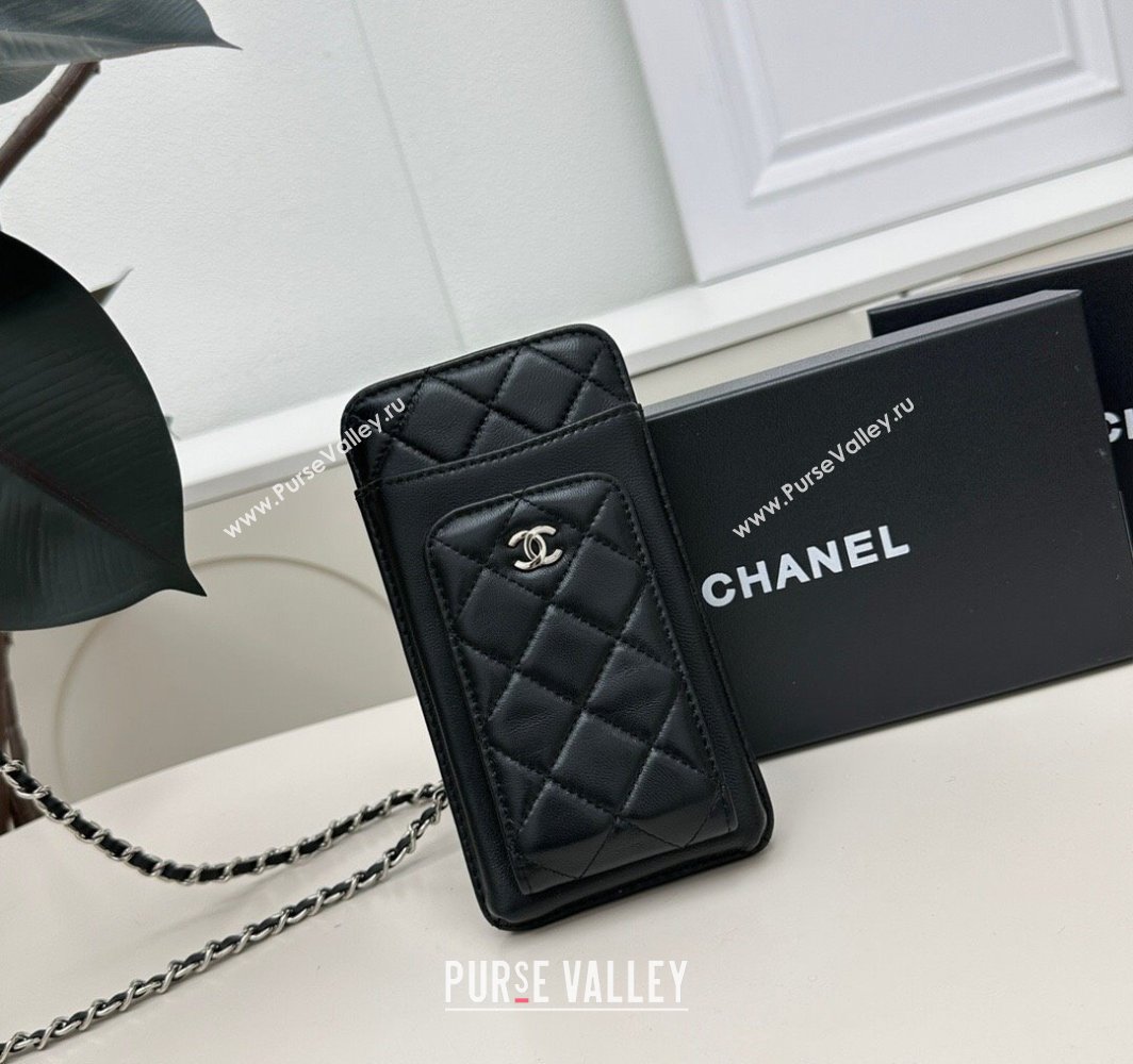 Chanel Grained Calfskin Phone Holder with Chain Black/Gold 2025 AP0990 50079 (99-250109120)