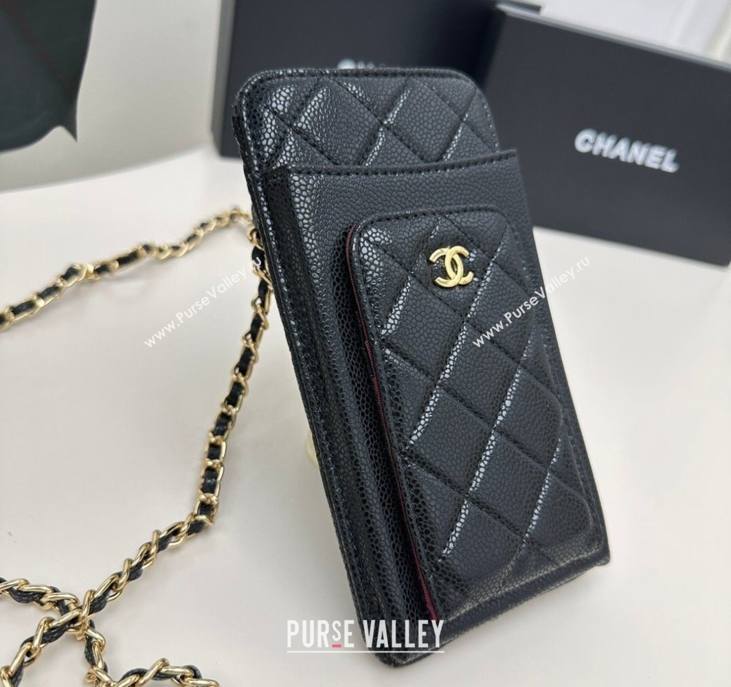 Chanel Grained Calfskin Phone Holder with Chain Black/Gold 2025 AP0990 50079 (99-250109120)