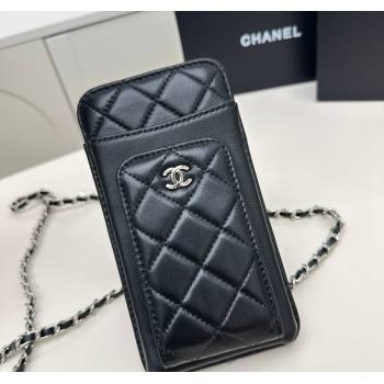 Chanel Lambskin Phone Holder with Chain Black/Silver 2025 AP0990 50079 (99-250109119)