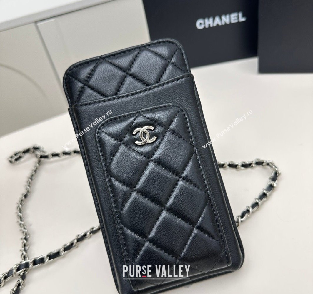 Chanel Lambskin Phone Holder with Chain Black/Silver 2025 AP0990 50079 (99-250109119)