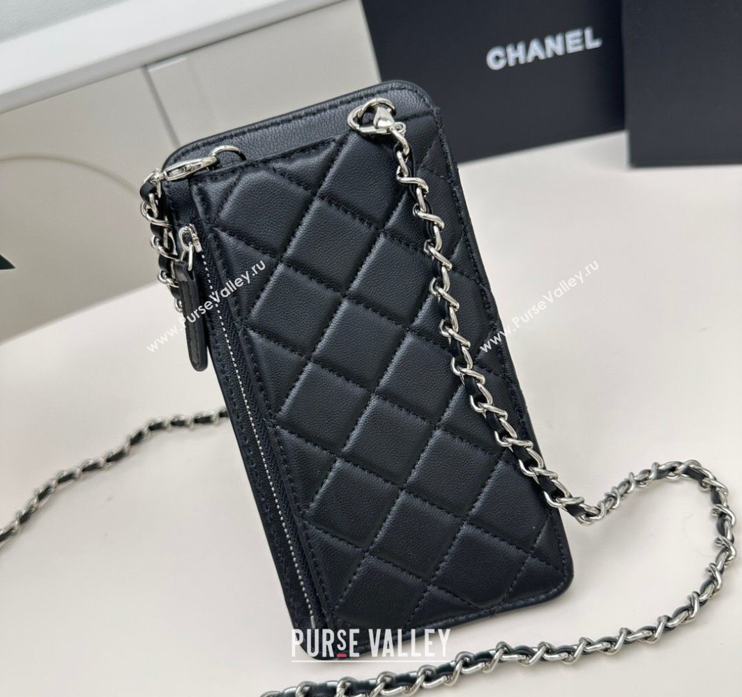 Chanel Lambskin Phone Holder with Chain Black/Silver 2025 AP0990 50079 (99-250109119)