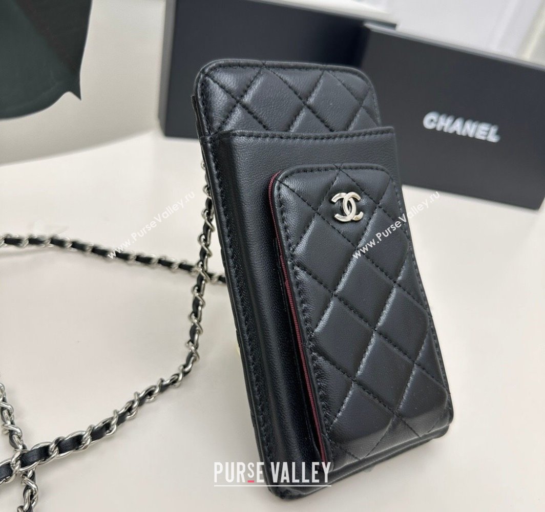 Chanel Lambskin Phone Holder with Chain Black/Silver 2025 AP0990 50079 (99-250109119)