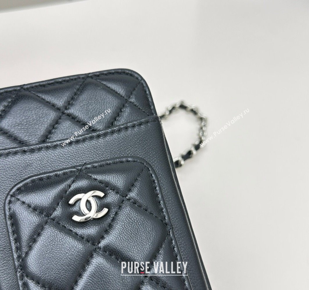 Chanel Lambskin Phone Holder with Chain Black/Silver 2025 AP0990 50079 (99-250109119)