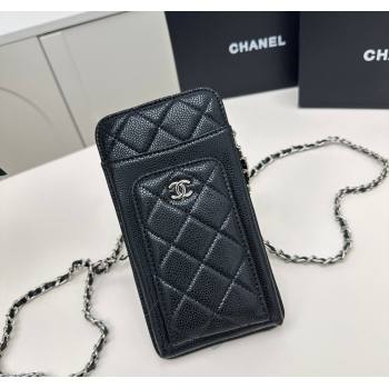 Chanel Grained Calfskin Phone Holder with Chain Black/Silver 2025 AP0990 50079 (99-250109121)