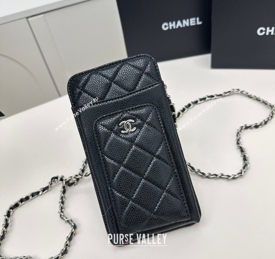 Chanel Grained Calfskin Phone Holder with Chain Black/Silver 2025 AP0990 50079 (99-250109121)