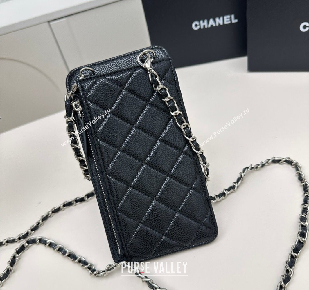 Chanel Grained Calfskin Phone Holder with Chain Black/Silver 2025 AP0990 50079 (99-250109121)