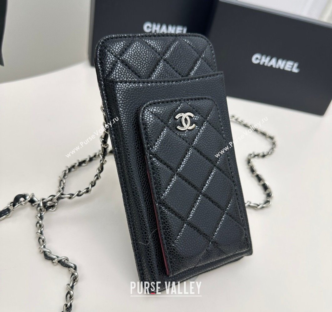 Chanel Grained Calfskin Phone Holder with Chain Black/Silver 2025 AP0990 50079 (99-250109121)