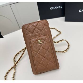 Chanel Grained Calfskin Phone Holder with Chain Brown 2025 AP0990 50079 (99-250109122)