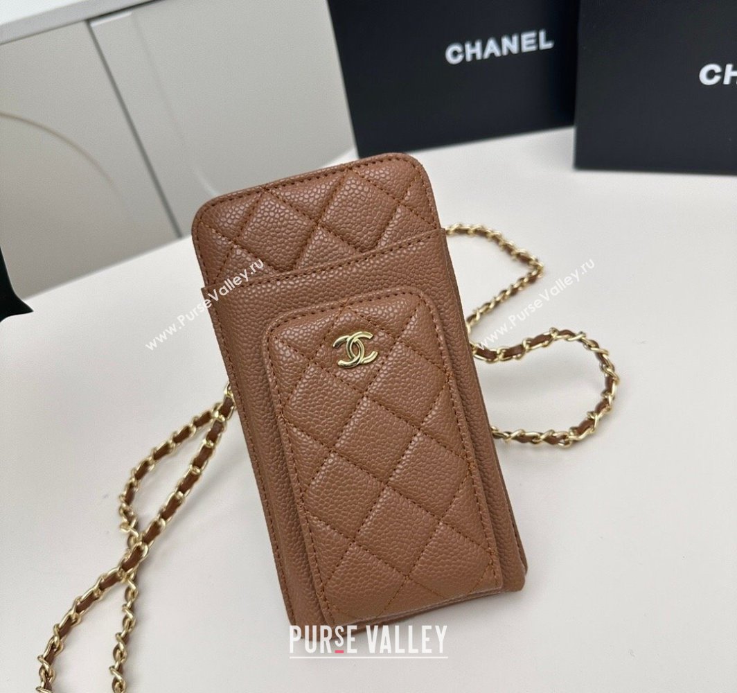 Chanel Grained Calfskin Phone Holder with Chain Brown 2025 AP0990 50079 (99-250109122)