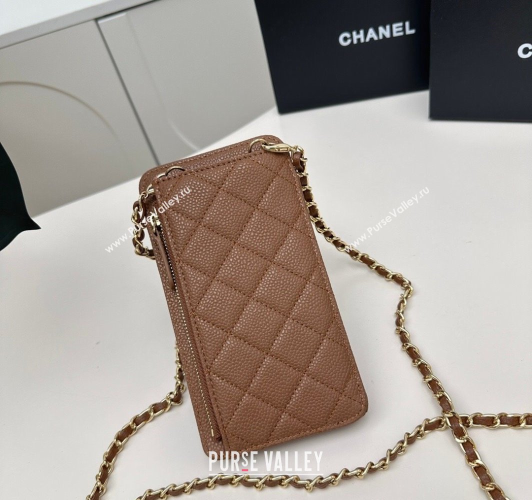 Chanel Grained Calfskin Phone Holder with Chain Brown 2025 AP0990 50079 (99-250109122)