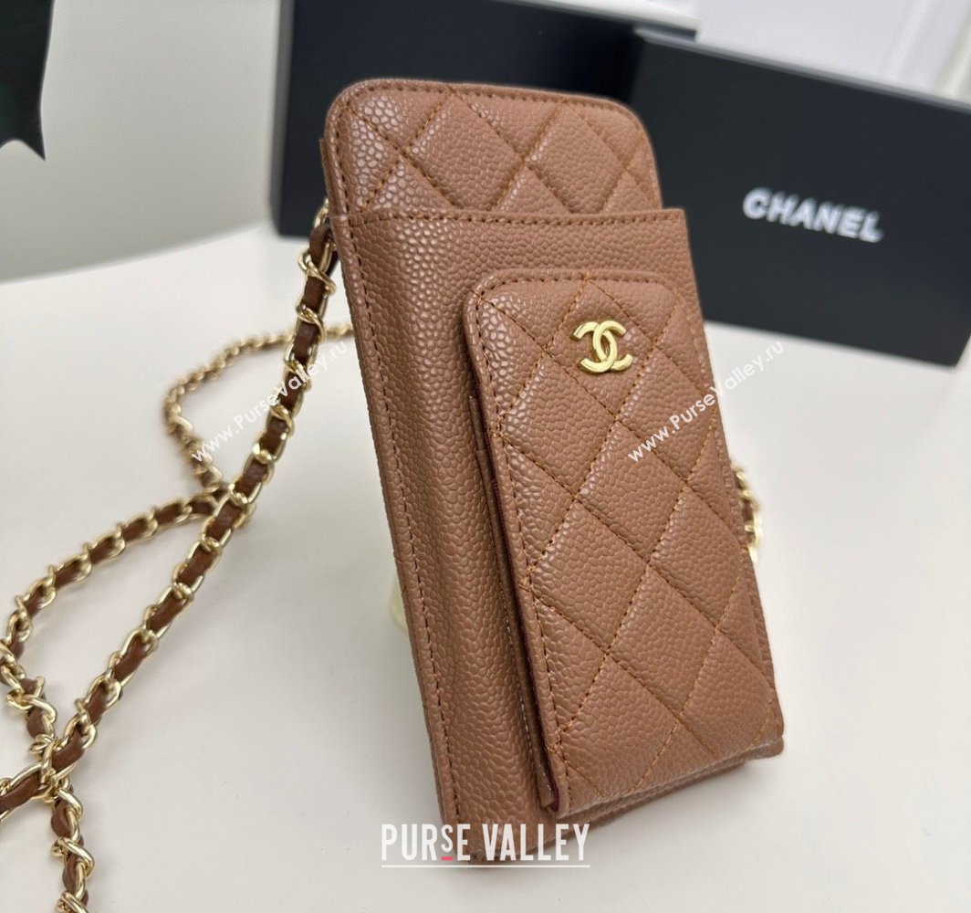 Chanel Grained Calfskin Phone Holder with Chain Brown 2025 AP0990 50079 (99-250109122)