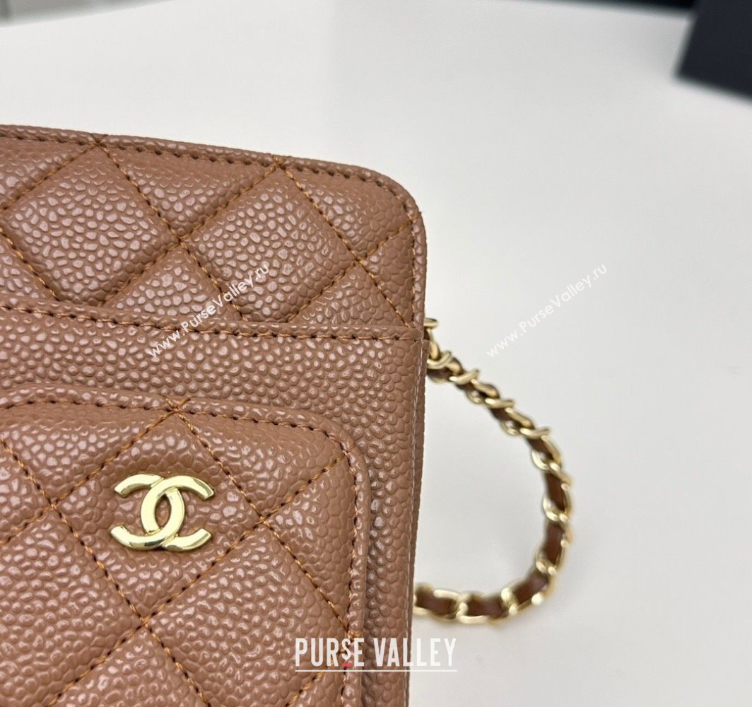 Chanel Grained Calfskin Phone Holder with Chain Brown 2025 AP0990 50079 (99-250109122)