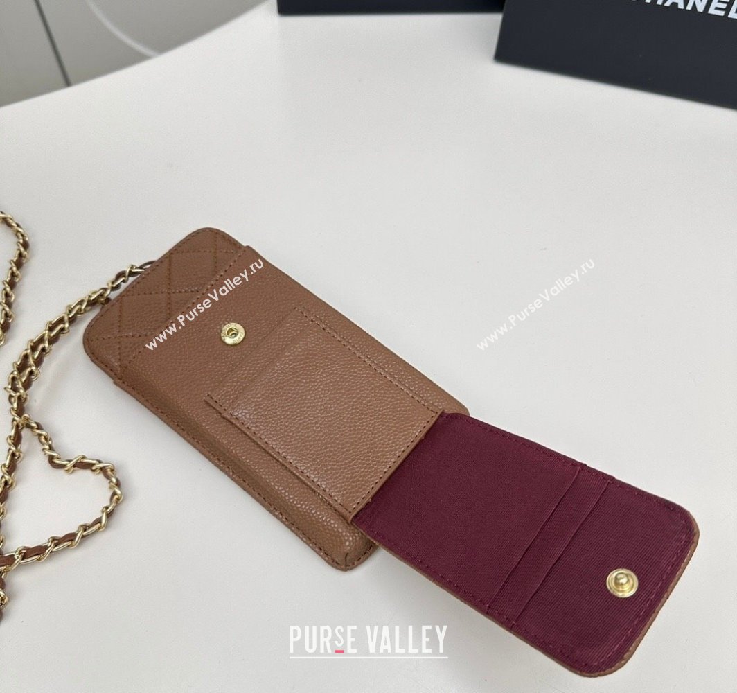 Chanel Grained Calfskin Phone Holder with Chain Brown 2025 AP0990 50079 (99-250109122)