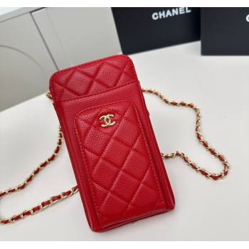 Chanel Grained Calfskin Phone Holder with Chain Red 2025 AP0990 50079 (99-250109125)