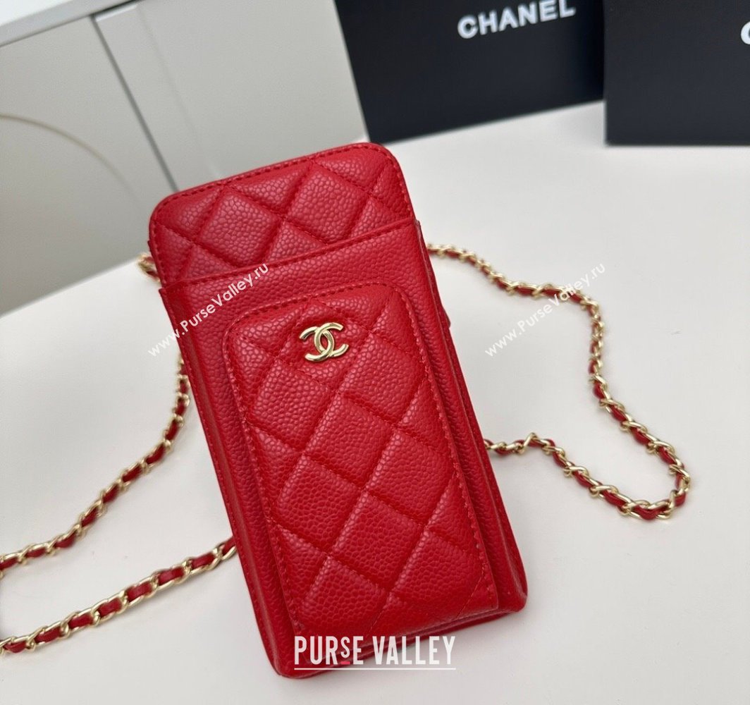 Chanel Grained Calfskin Phone Holder with Chain Red 2025 AP0990 50079 (99-250109125)