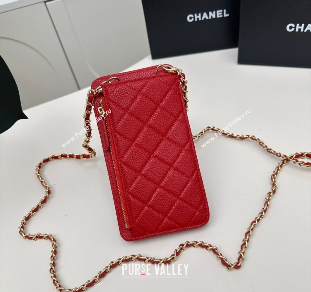 Chanel Grained Calfskin Phone Holder with Chain Red 2025 AP0990 50079 (99-250109125)