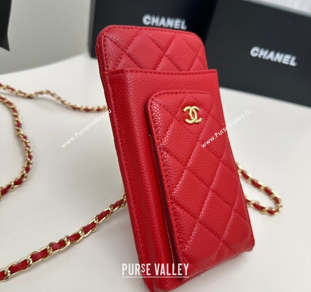 Chanel Grained Calfskin Phone Holder with Chain Red 2025 AP0990 50079 (99-250109125)