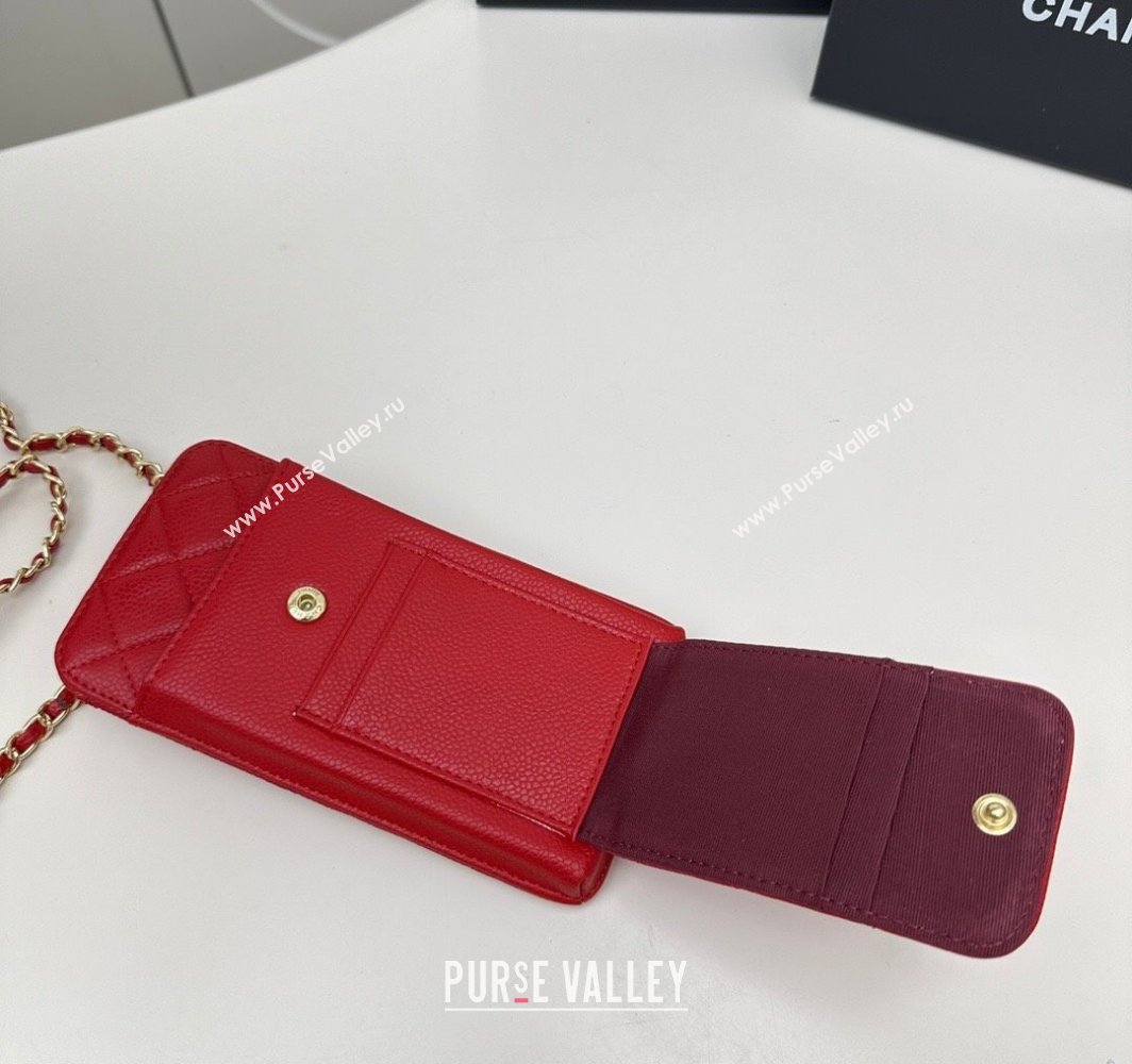 Chanel Grained Calfskin Phone Holder with Chain Red 2025 AP0990 50079 (99-250109125)