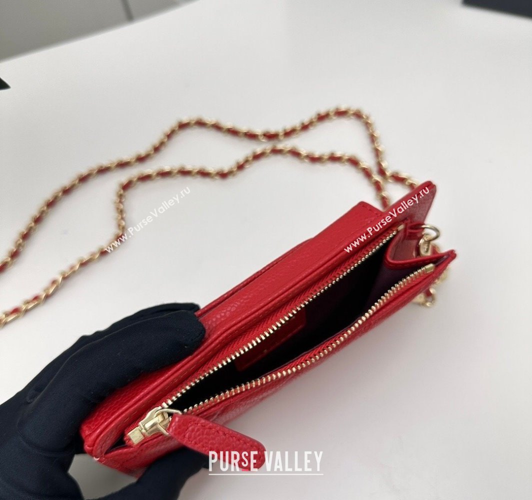 Chanel Grained Calfskin Phone Holder with Chain Red 2025 AP0990 50079 (99-250109125)