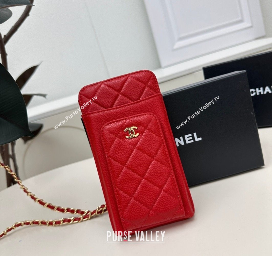 Chanel Grained Calfskin Phone Holder with Chain Red 2025 AP0990 50079 (99-250109125)