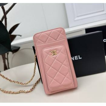 Chanel Grained Calfskin Phone Holder with Chain Light Pink 2025 AP0990 50079 (99-250109127)