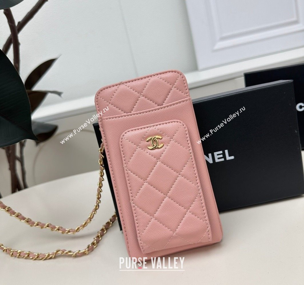 Chanel Grained Calfskin Phone Holder with Chain Light Pink 2025 AP0990 50079 (99-250109127)