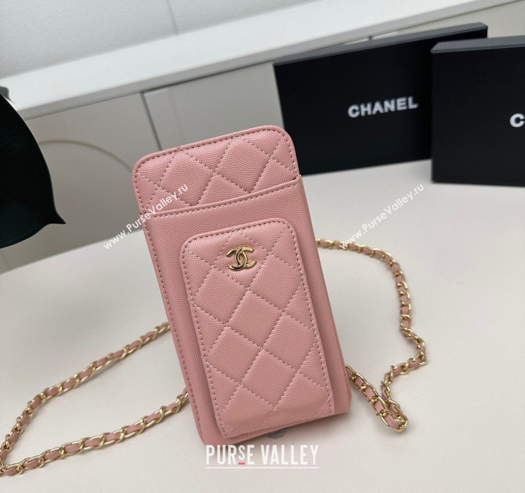 Chanel Grained Calfskin Phone Holder with Chain Light Pink 2025 AP0990 50079 (99-250109127)