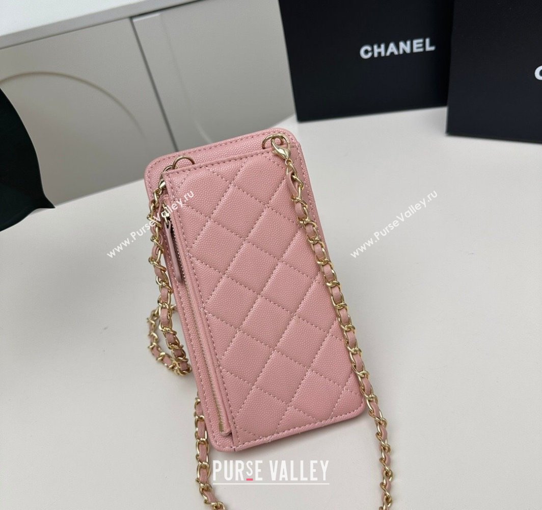 Chanel Grained Calfskin Phone Holder with Chain Light Pink 2025 AP0990 50079 (99-250109127)