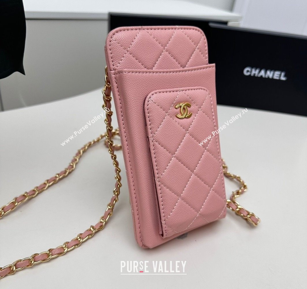 Chanel Grained Calfskin Phone Holder with Chain Light Pink 2025 AP0990 50079 (99-250109127)