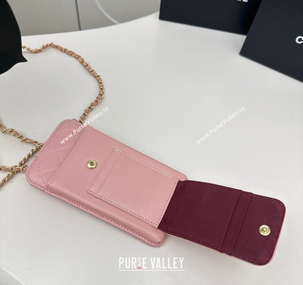 Chanel Grained Calfskin Phone Holder with Chain Light Pink 2025 AP0990 50079 (99-250109127)