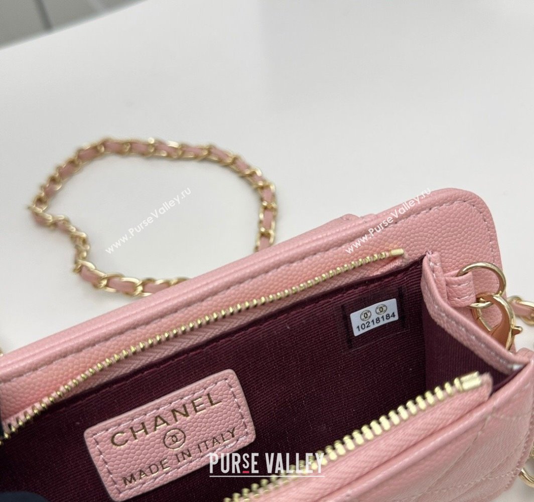 Chanel Grained Calfskin Phone Holder with Chain Light Pink 2025 AP0990 50079 (99-250109127)