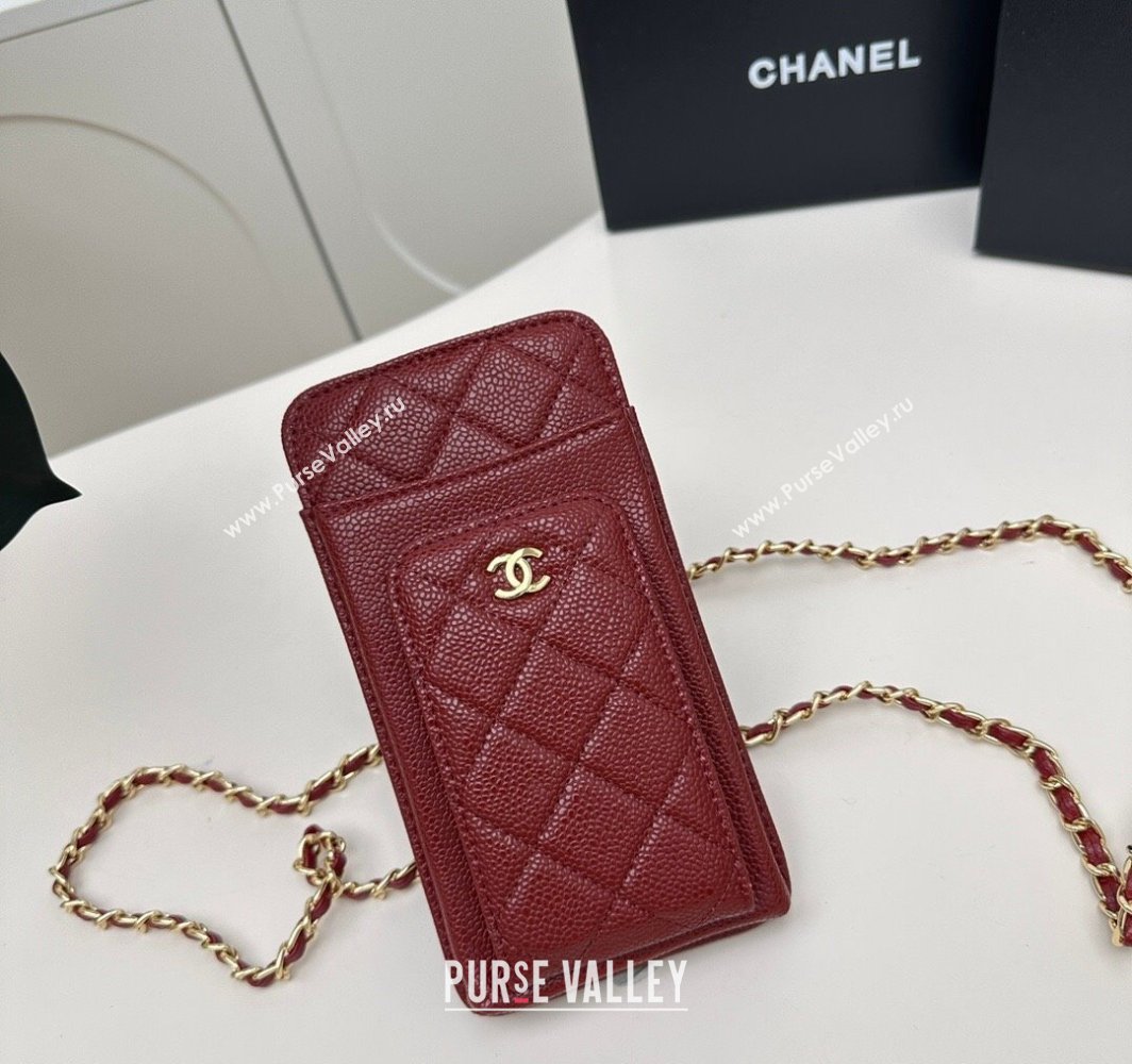 Chanel Grained Calfskin Phone Holder with Chain Dark Burgundy 2025 AP0990 50079 (99-250109129)