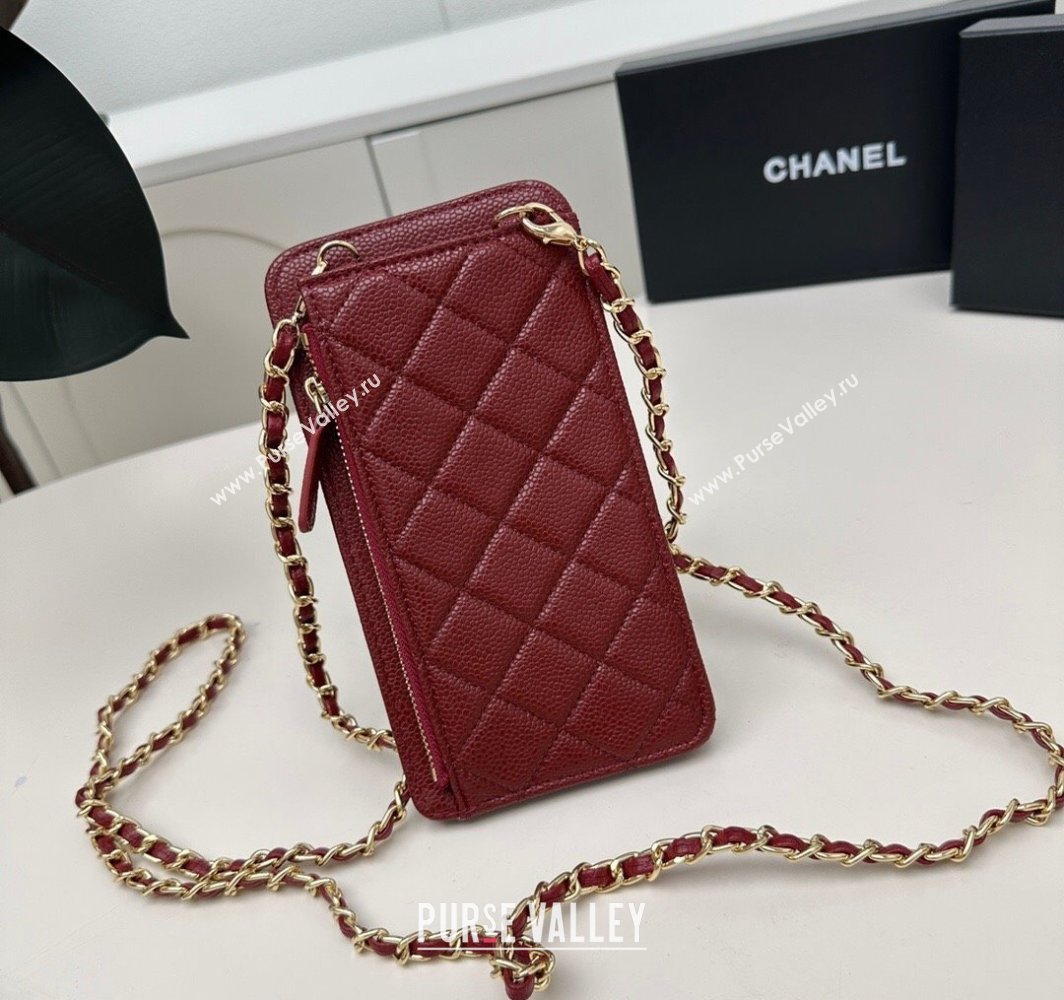 Chanel Grained Calfskin Phone Holder with Chain Dark Burgundy 2025 AP0990 50079 (99-250109129)